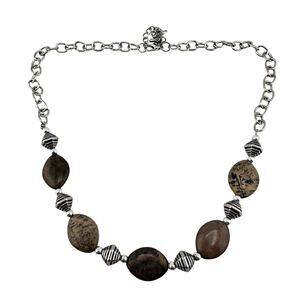 Boho Polished Jasper Natural Beige Taupe Brown Beaded Silver Tone 21” Necklace